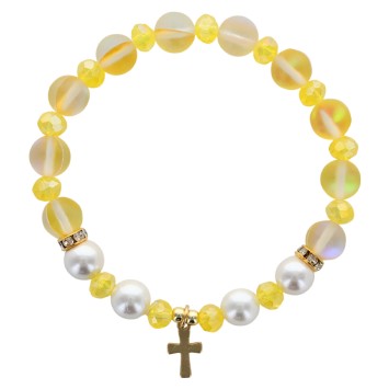 Bracelet sur elastique en pierre de lune synthetique Ø 8 mm & coquille naturelle avec croix acier inoxydable. LOT 5 ASSORTIS.